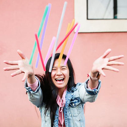 Reusable silicone straws bundle in vibrant colors for all drink sizes.
