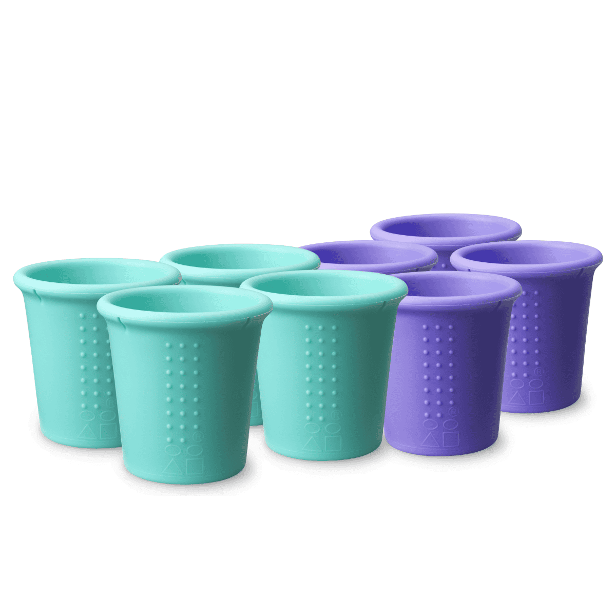 Eco-friendly packaging for reusable 8oz silicone cups in sea and purple.