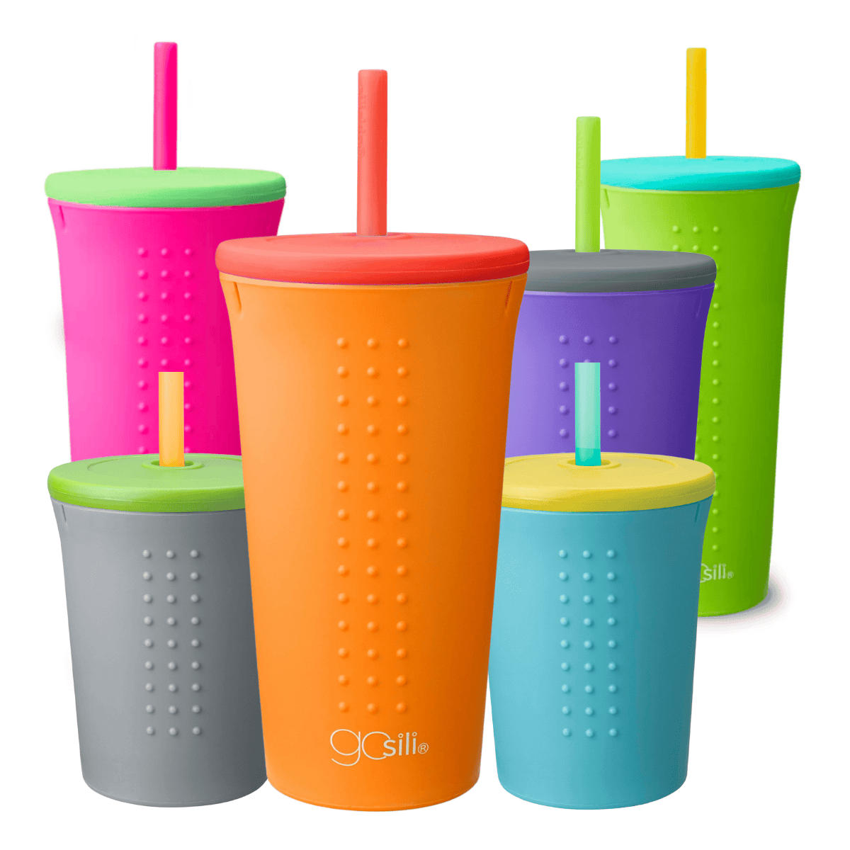 All in the Family Bundle featuring reusable silicone straw cups and tumblers in various sizes and colors.