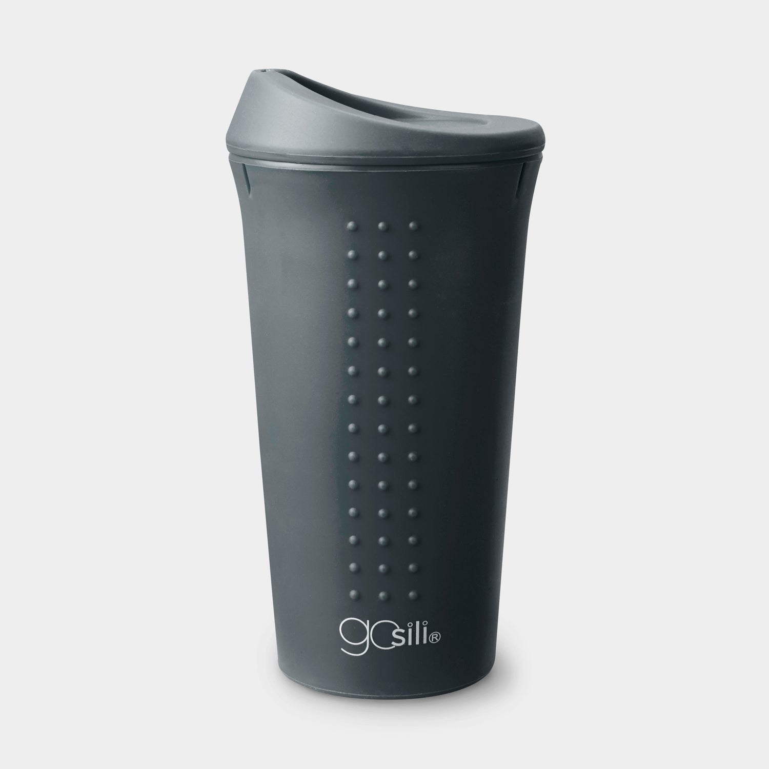 GoSili reusable silicone travel mug with patented stainless-steel ring for durability.