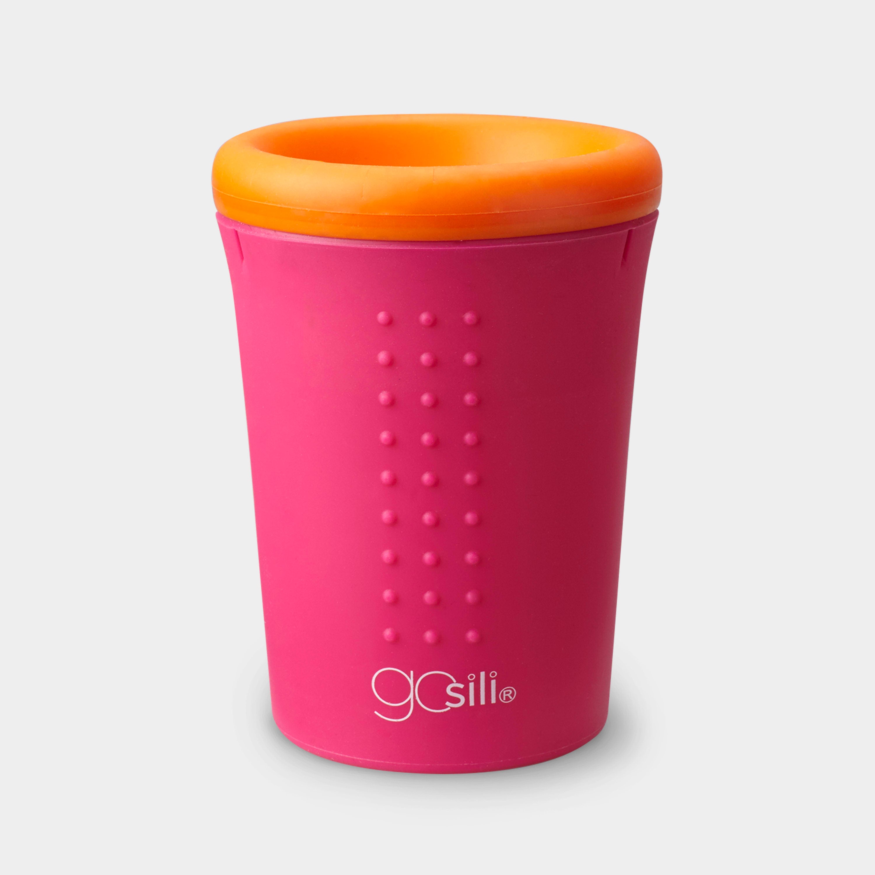 GoSili reusable silicone cup with patented stainless-steel ring and spout-free lid.