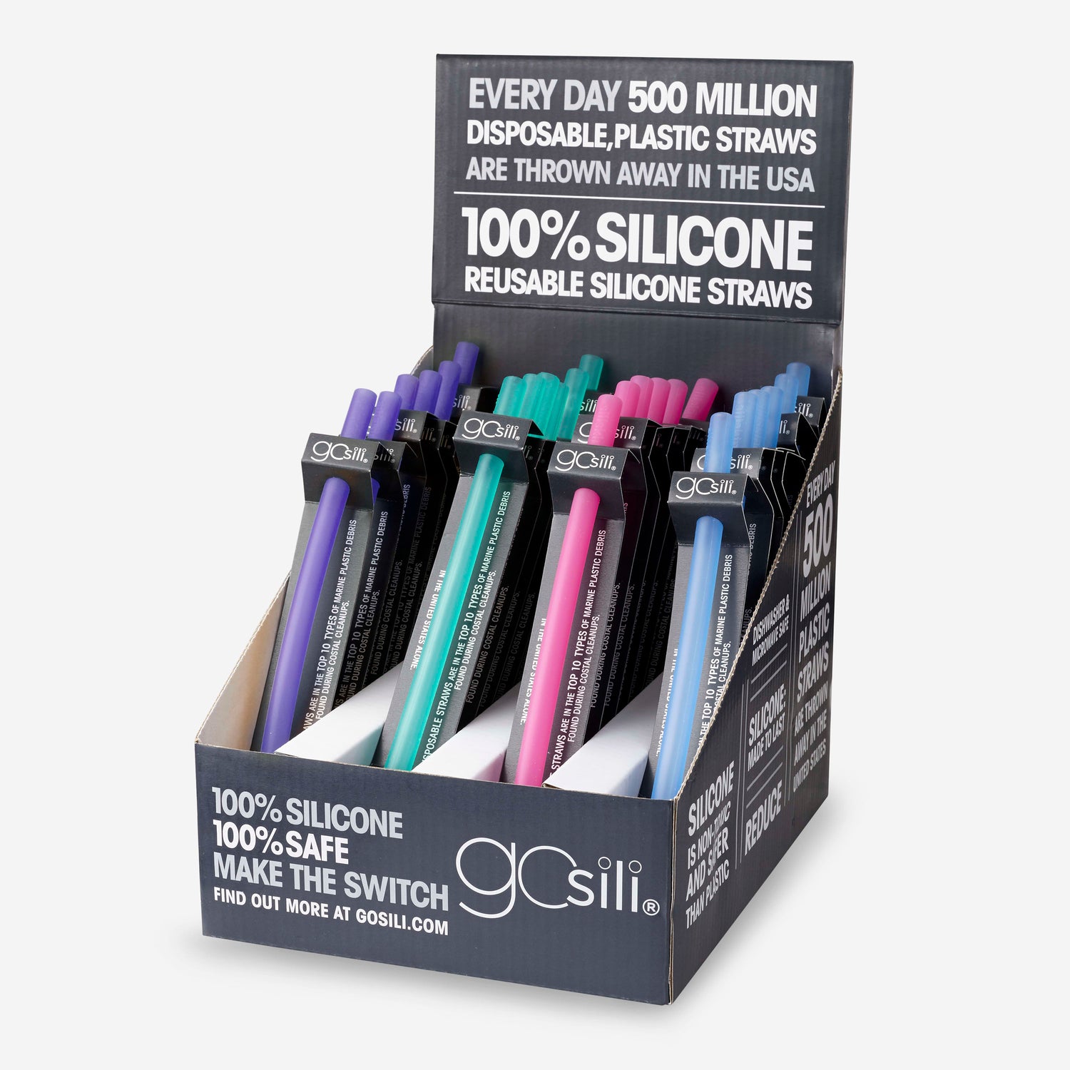 Set of 4 reusable silicone straws with storage pouch and cleaner.